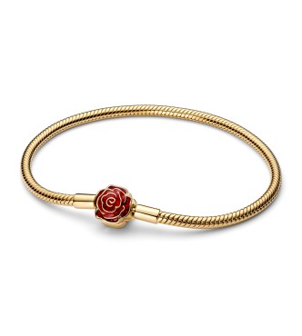 564019C01-19 Disney Beauty & The Beast snake chain 14k gold-plated bracelet with rose clasp and holo glittery red enamel