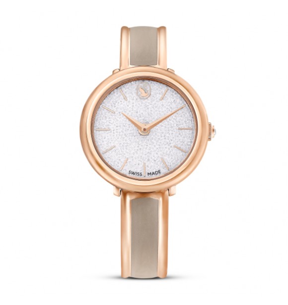 SWAROVSKI RELOJ CRYSTALLINE BANGLE,
 FABRICADO EN SUIZA, BRAZALETE DE METAL, BEIG, ACABADO TONO ORO ROSA