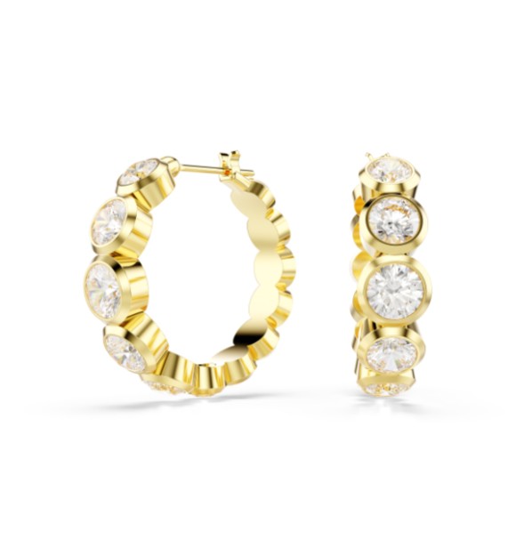 SWAROVSKI PENDIENTES DE ARO IMBER, TALLA RENDODA BLANCA,
 BAÑO TONO ORO