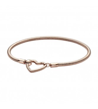 PANDORA 582257C00-18 Brazalete de cadena de serpiente chapado en oro rosa de 14k con broche de corazón
