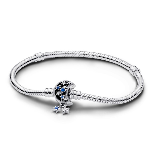 592819C01-18 Snake chain sterling silver bracelet with moon clasp with stellar blue crystal and clear cubic zirconia