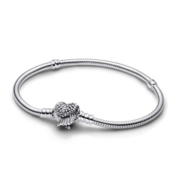 PANDORA 593680C01 Pulsera de plata de ley con cadena de serpiente y cierre de alas de corazón y circonita cúbica transparente