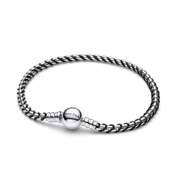 593816C02-20 Braided sterling silver box chain bracelet with black textile cord