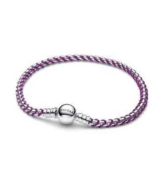 593816C03-18 Braided sterling silver box chain bracelet with purple textile cord