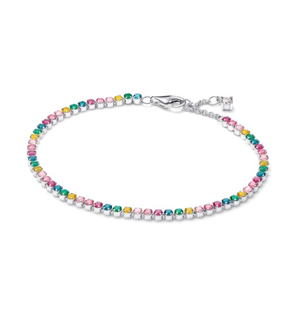 593927C03-16 Sterling silver tennis bracelet with yellow,
 blue, phlox pink, green crystal, pink, clear and fancy pink cubic zirconia