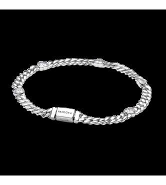 PANDORA 594226C01 Pulsera de plata de ley con cadena cubana de corazón y circonitas cúbicas transparentes.