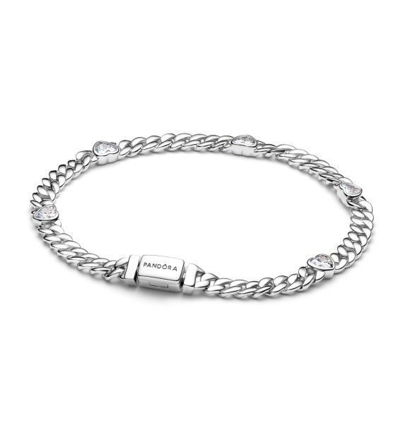 PANDORA 594226C01 Pulsera de plata de ley con cadena cubana de corazón y circonitas cúbicas transparentes.
