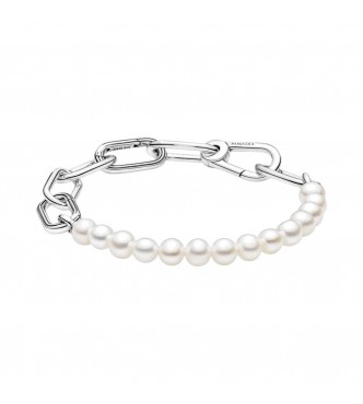 Sterling silver link bracelet with white freshwater cultured pearl