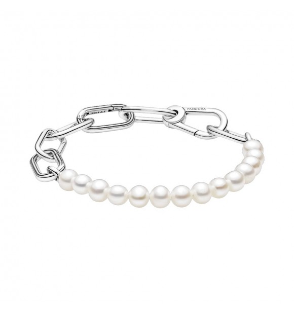 Sterling silver link bracelet with white freshwater cultured pearl
