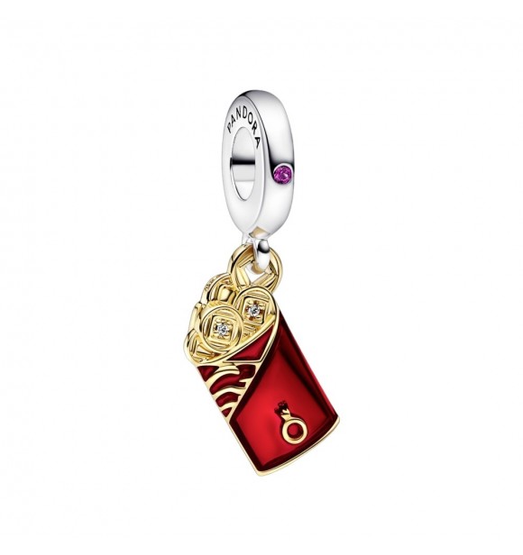 Red envelope sterling silver and 14 gold plated dangle with synthetic ruby,
 clear cubic zirconia and red enamel