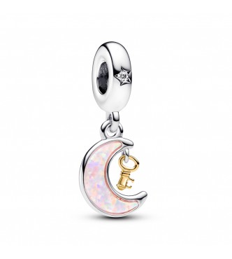 PANDORA 762985C01 COLGANTE CON LUNA Y LLAVE DE PLATA ESTERLINA Y BAÑO DE ORO DE 14K CON CIRCONITA CÚBICA TRANSPARENTE Y ÓPALO ROSA CREADO EN LABORATORIO