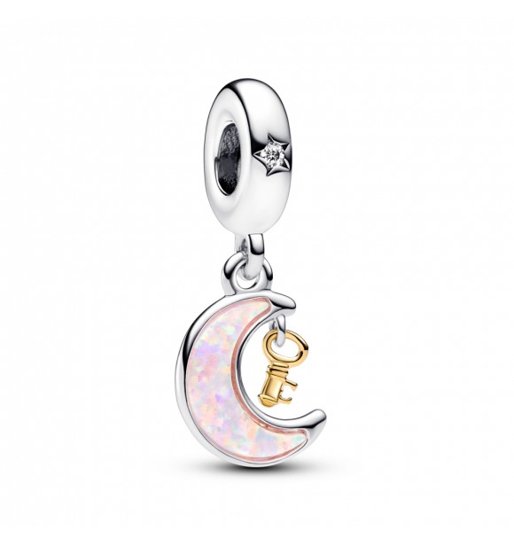 PANDORA 762985C01 COLGANTE CON LUNA Y LLAVE DE PLATA ESTERLINA Y BAÑO DE ORO DE 14K CON CIRCONITA CÚBICA TRANSPARENTE Y ÓPALO ROSA CREADO EN LABORATORIO