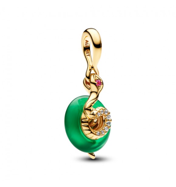 PANDORA 763617C01 Colgante Snake bañado en oro de 14k con circonitas cúbicas transparentes rojas y cristal de Murano verde