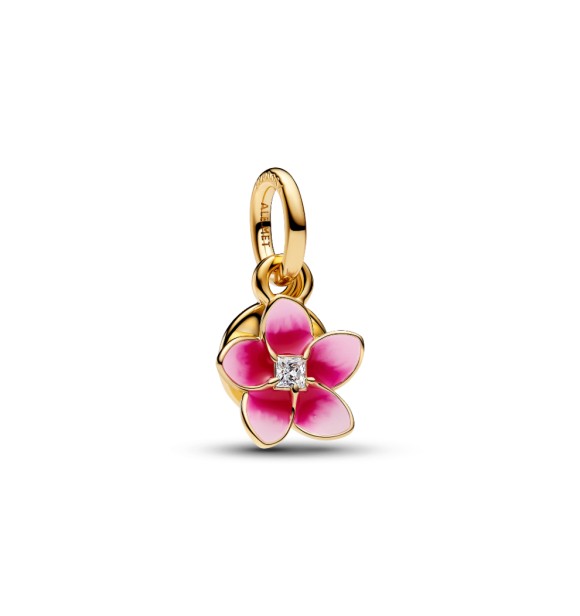 763845C01 Disney Moana pink plumeria 14k gold-plated double dangle with clear cubic zirconia and shaded pink enamel
