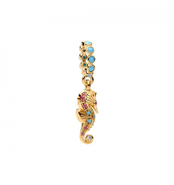 PANDORA 763895C01 Seahorse 14k gold-plated dangle with clear cubic zirconia,
 capri blue crystal and phlox pink crystal