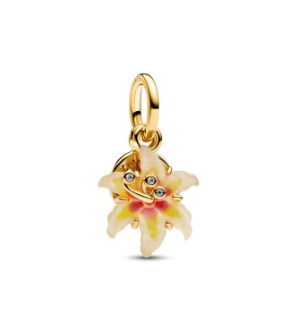 764020C01 Disney Tangled Flower 14k gold-plated double dangle with clear cubic zirconia,
 yellow bioresin man-made mother of pearl and yellow purple gl