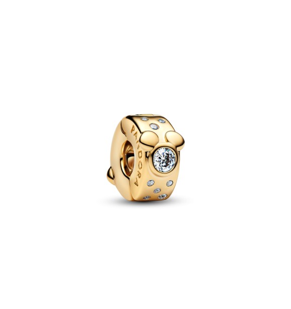 PANDORA 764130C01 Clip de Mickey y Minnie Mouse de Disney bañado en oro de 14 k con circonita cúbica transparente y agarre de silicona