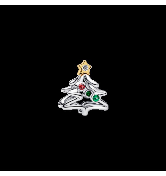 PANDORA 764248C01 Charm de árbol de Navidad en plata de ley y baño de oro de 14k con circonitas cúbicas transparentes,
 cristal rojo salsa y verde real