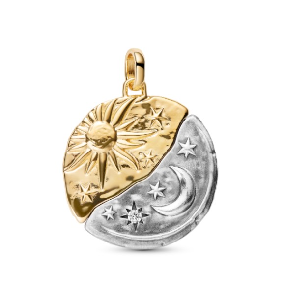PANDORA 764806C01 Sun and moon sterling silver and 14k gold-plated medallion with clear cubic zirconia