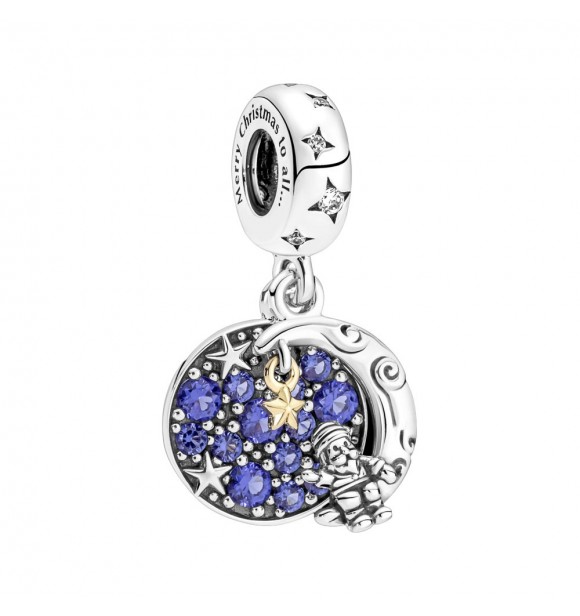 Santa on moon sterling silver and 14k gold-plated dangle with stellar blue crystal and clear cubic zirconia