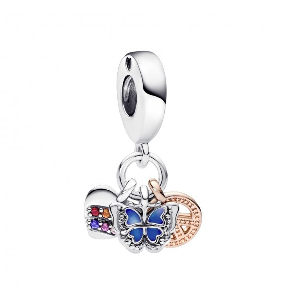 Butterfly heart peace sterling silver and 14k rose gold-plated dangle with multi colored crystal,
 pink and clear CZ, blue enamel