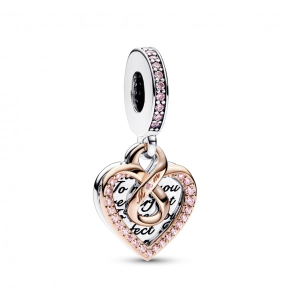 PANDORA 782641C01 Colgante doble de corazón de plata de ley y baño de oro rosa de 14k con elegante circonita rosa de cuento de hadas