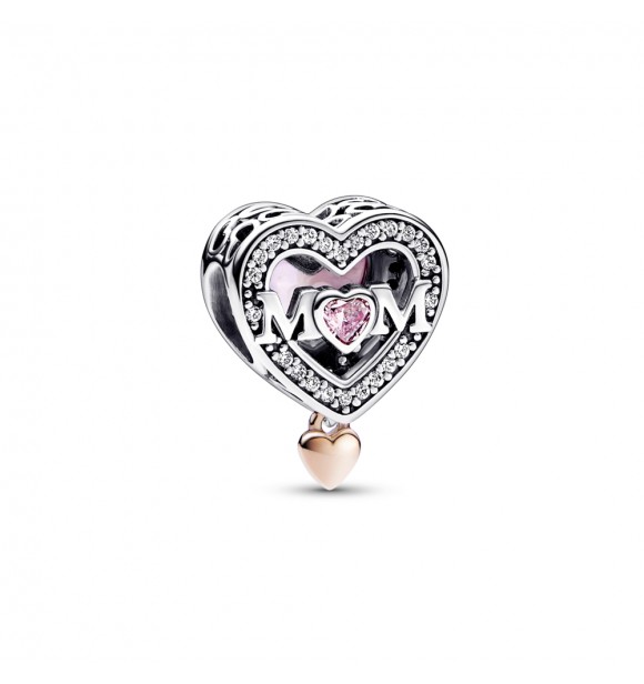 PANDORA 782653C01 Colgante de corazón de mamá de plata de ley y chapado en oro rosa de 14k con circonita cúbica rosa y rosa de cuento de hadas elegante y transparente