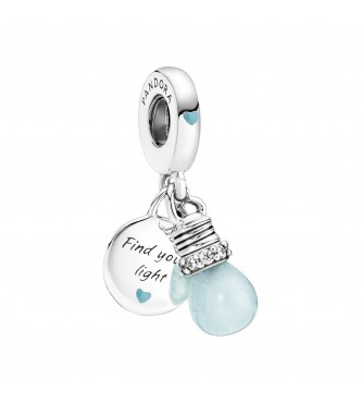 Charm Colgante Doble en plata de primera ley Bombilla Brillante en Oscuridad adornado con esmalte azul capri y circonitas cúbicas transparentes de talla brillante y grabado Find your light and Supporting young Voices