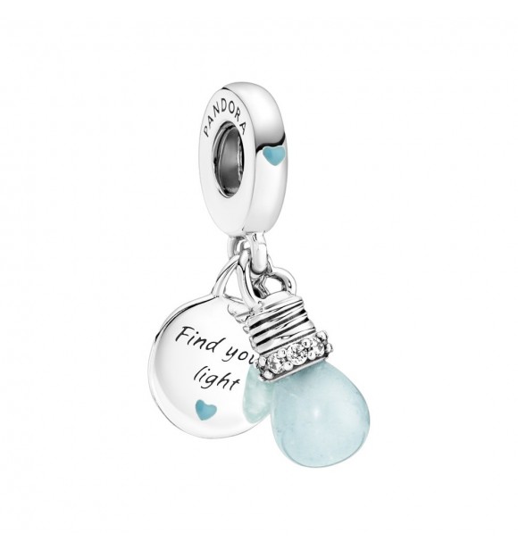 Charm Colgante Doble en plata de primera ley Bombilla Brillante en Oscuridad adornado con esmalte azul capri y circonitas cúbicas transparentes de talla brillante y grabado Find your light and Supporting young Voices