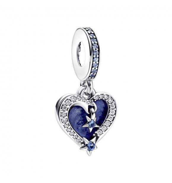 PANDORA 792356C01 Colgante doble corazón de estrellas fugaces de plata de primera ley con cristal azul claro de luna,
 circonita cúbica transparente y esmalte azul claro reluciente