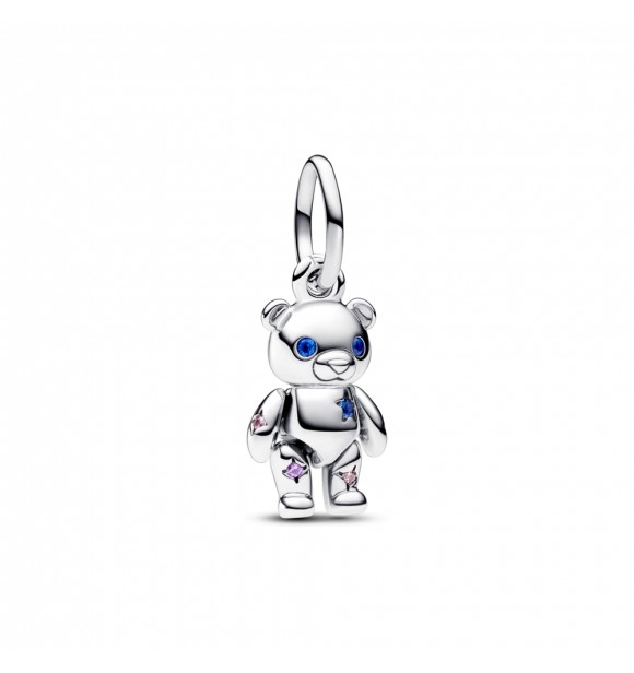 PANDORA 792986C01 COLGANTE DE PLATA DE LEY CON OSITO DE PELUCHE CON ELEGANTE CIRCONITA CÚBICA ROSA DE CUENTO DE HADAS,
 PÚRPURA REAL Y CRISTAL AZUL ESTELAR