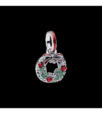 PANDORA 794238C01 Corona navideña de plata de ley con doble colgante con circonita cúbica transparente,
 cristal verde real y esmalte rojo brillante.