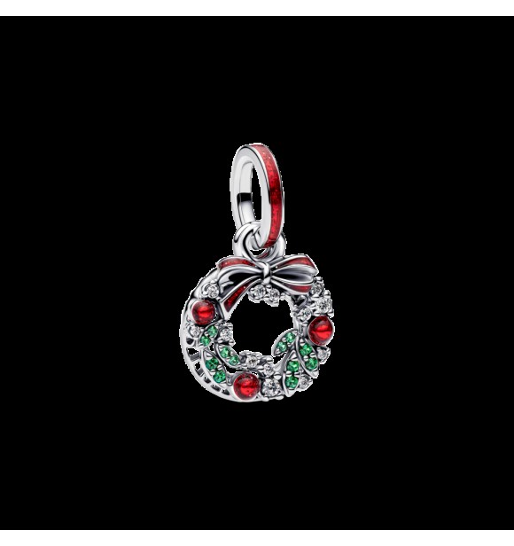 PANDORA 794238C01 Corona navideña de plata de ley con doble colgante con circonita cúbica transparente,
 cristal verde real y esmalte rojo brillante.