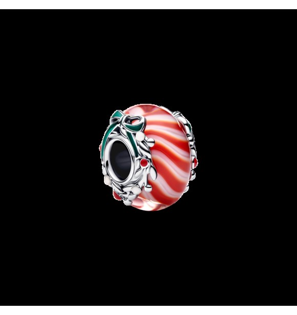 PANDORA 794252C01 Charm de plata de ley con forma de caramelo y cristal de Murano rojo y blanco,
 esmalte blanco, rojo y verde brillante.