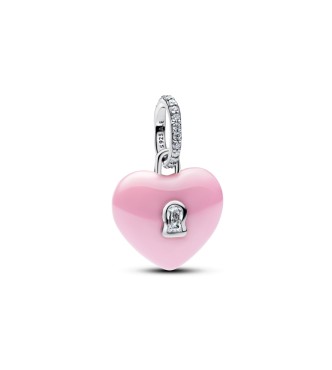 794424C01 Heart padlock sterling silver dangle with pink ceramic and clear cubic zirconia