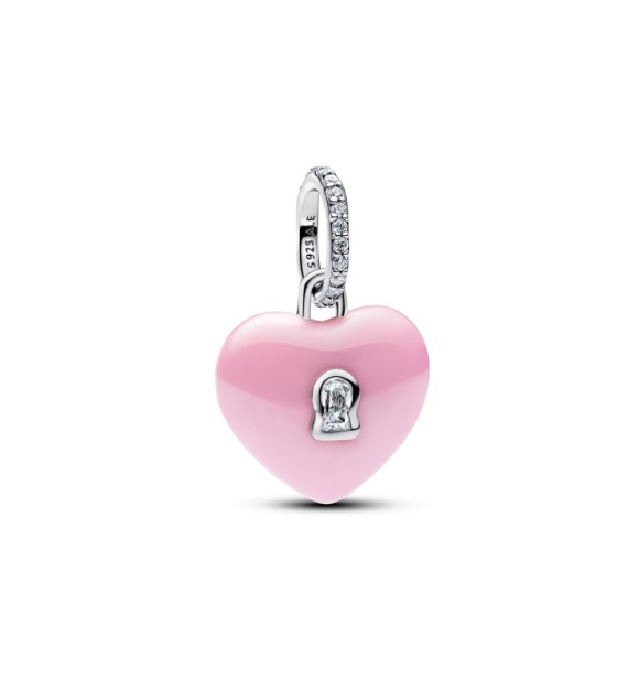 794424C01 Heart padlock sterling silver dangle with pink ceramic and clear cubic zirconia