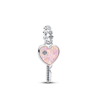 PANDORA 794427C01 Heart key sterling silver dangle with clear cubic zirconia and lab-created pink opal