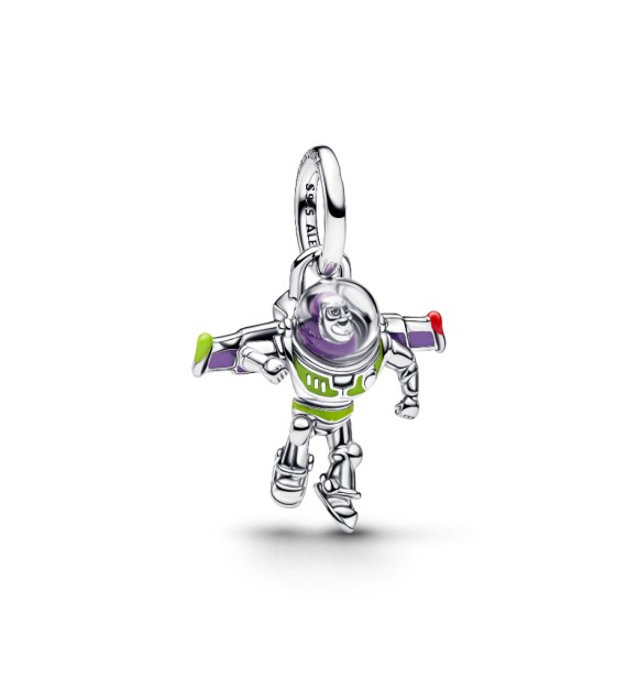 794604C01 Disney Toy Story Buzz Lightyear sterling silver dangle with red,
 purple, green enamel and transparent UV resin