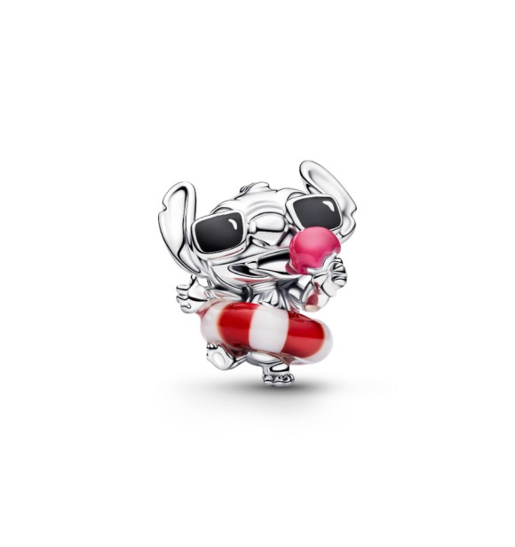 794642C01 Disney Stitch sterling silver charm with white and red Murano glass,
 black and pink enamel