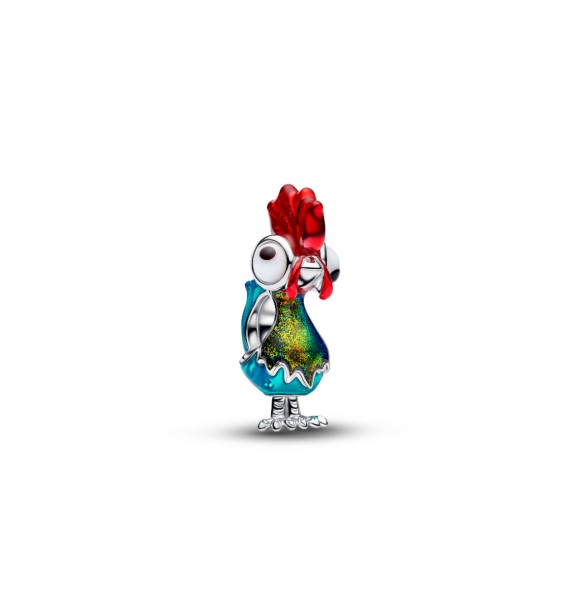 794644C01 Disney Moana Heihei sterling silver charm with white and black Murano glass,
 red, blue and shimmering green enamel