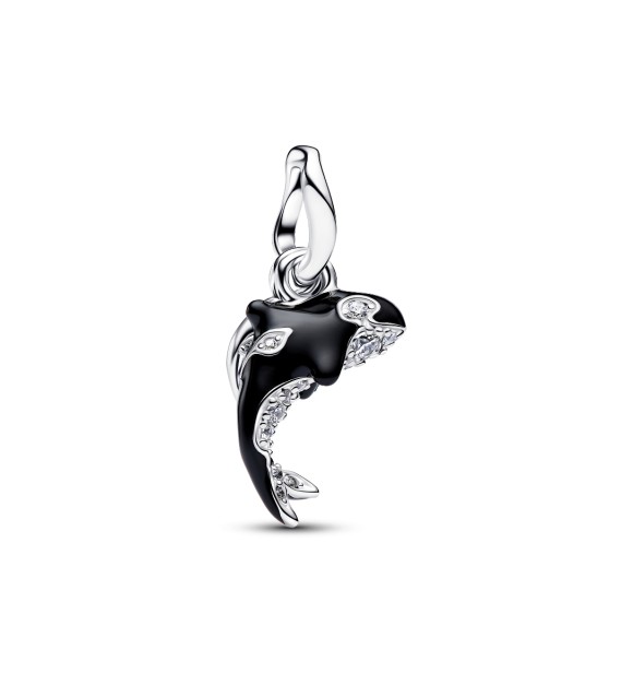 794683C01 Orca sterling silver double dangle with clear cubic zirconia and black enamel