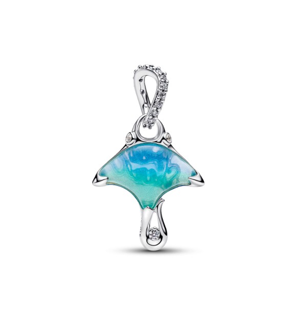 794685C01 Manta sterling silver dangle with clear cubic zirconia,
 white bioresin man-made mother of pearl, enamel and shaded blue Murano g