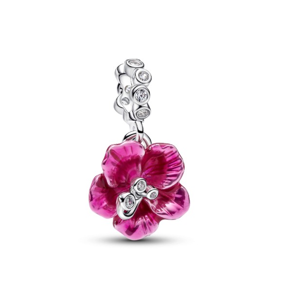 794698C01 Hibiscus sterling silver dangle with clear cubic zirconia and pink enamel