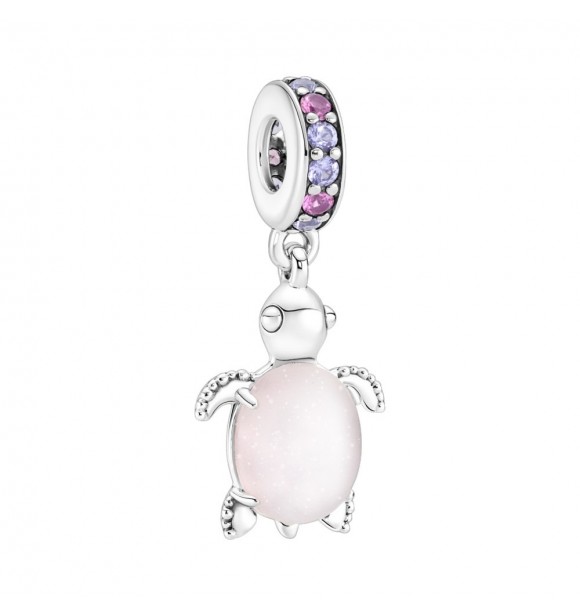 Charm Colgante en plata de primera ley Tortuga Marina Cristal de Murano Rosa adornado con cristales engastados de talla brillante de color rosa y púrpura
