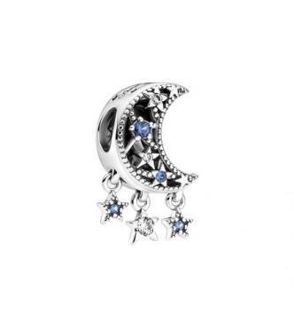 Moon and star sterling silver charm with stellar blue crystal and clear cubic zirconia