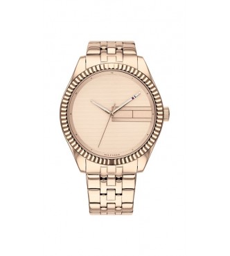 Reloj tres agujas, caja redonda de 38 mm de acero PVD oro rosa,  esfera PVD oro rosa. Brazalete de acero PVD oro rosa. 3 ATM