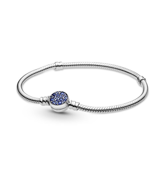 599288C01-19 Snake chain sterling silver bracelet with disc clasp with stellar blue crystal