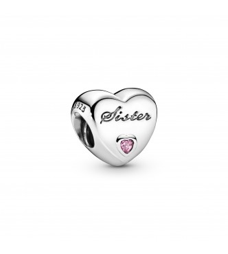 PANDORA 791946PCZ Charm de corazón en plata de primera ley con 2 circonitas cúbicas rosa con forma de corazón engastadas y grabado Sister