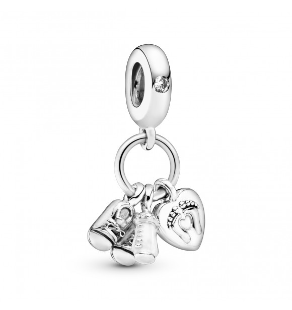 PANDORA Shoes, baby bottle and heart silver dangle with clear cubic zirconia and white enamel