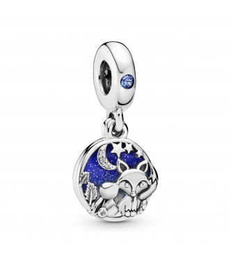 PANDORA Fox and rabbit sterling silver dangle with moonlight blue crystal, clear cubic zirconia, white, blue and silvery glitter enamel